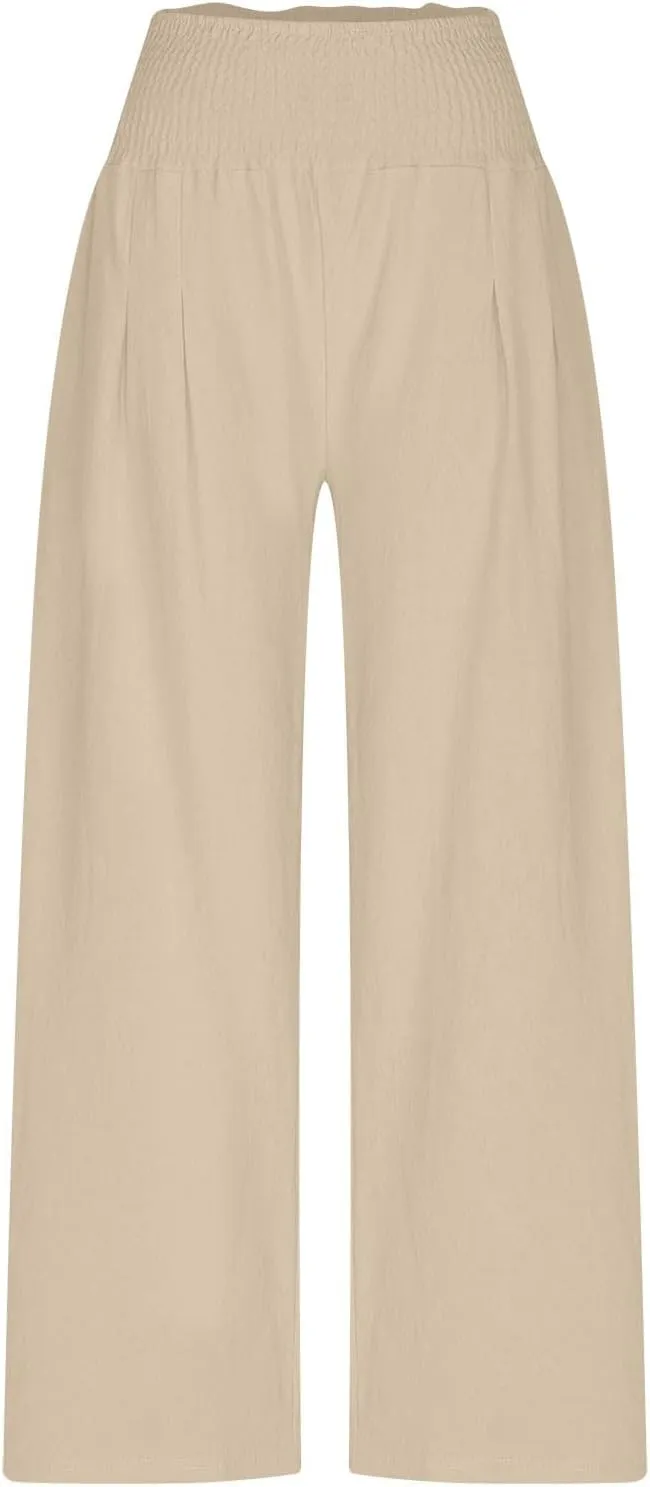 Palazzo Pants for Women Casual Boho Linen Trousers Elastic High Waist Beach Summer Travel Lounge Pants with Pockets