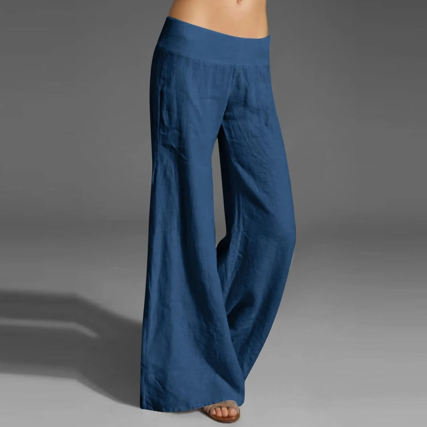 Palazzo Pants for Women Casual Boho Linen Trousers Elastic High Waist Beach Summer Travel Lounge Pants with Pockets