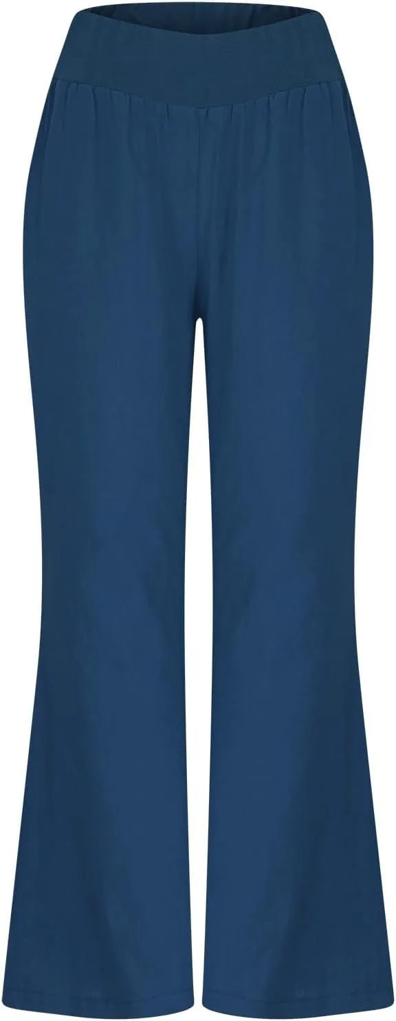 Palazzo Pants for Women Casual Boho Linen Trousers Elastic High Waist Beach Summer Travel Lounge Pants with Pockets