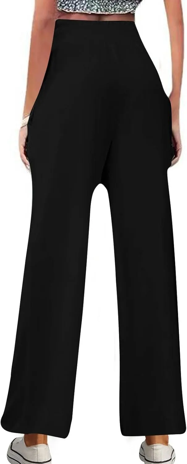 Palazzo Pants for Women Casual Boho Linen Trousers Elastic High Waist Beach Summer Travel Lounge Pants with Pockets