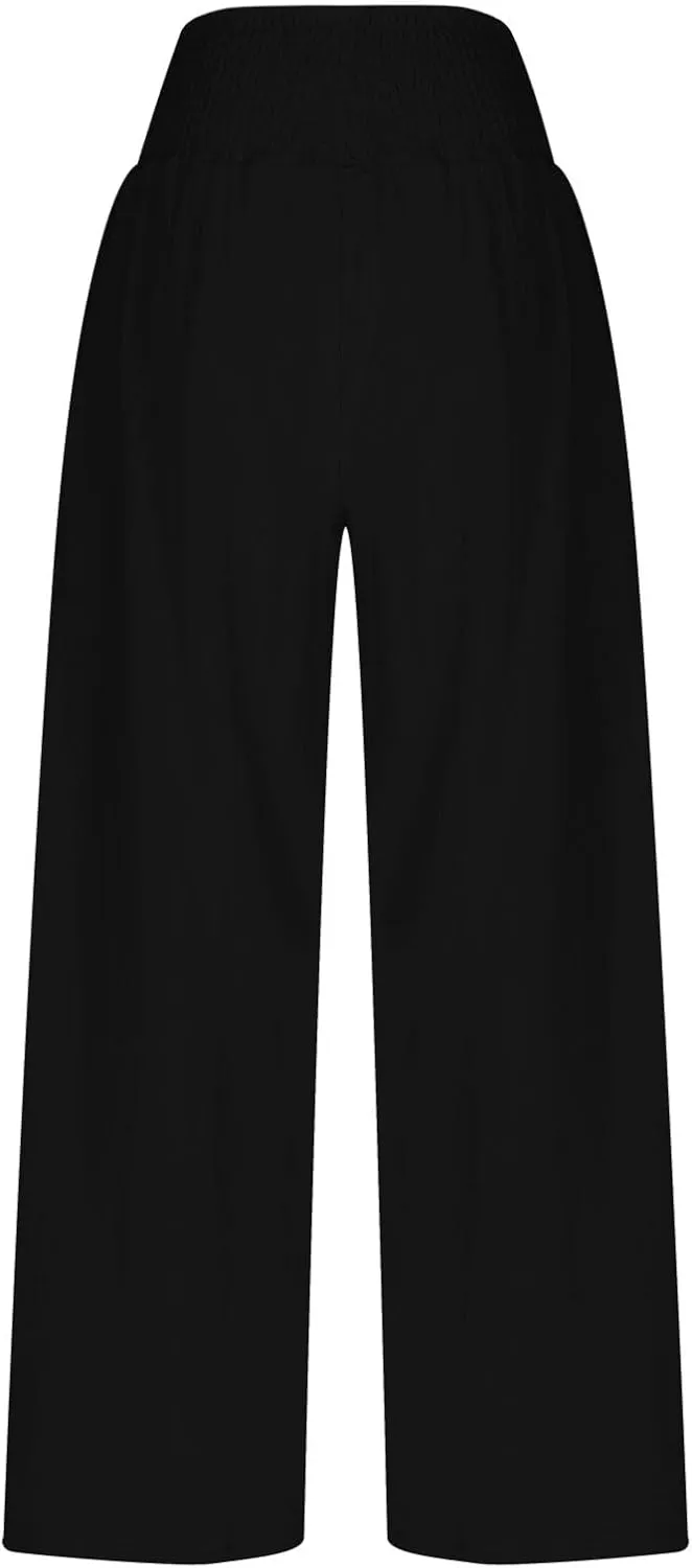 Palazzo Pants for Women Casual Boho Linen Trousers Elastic High Waist Beach Summer Travel Lounge Pants with Pockets