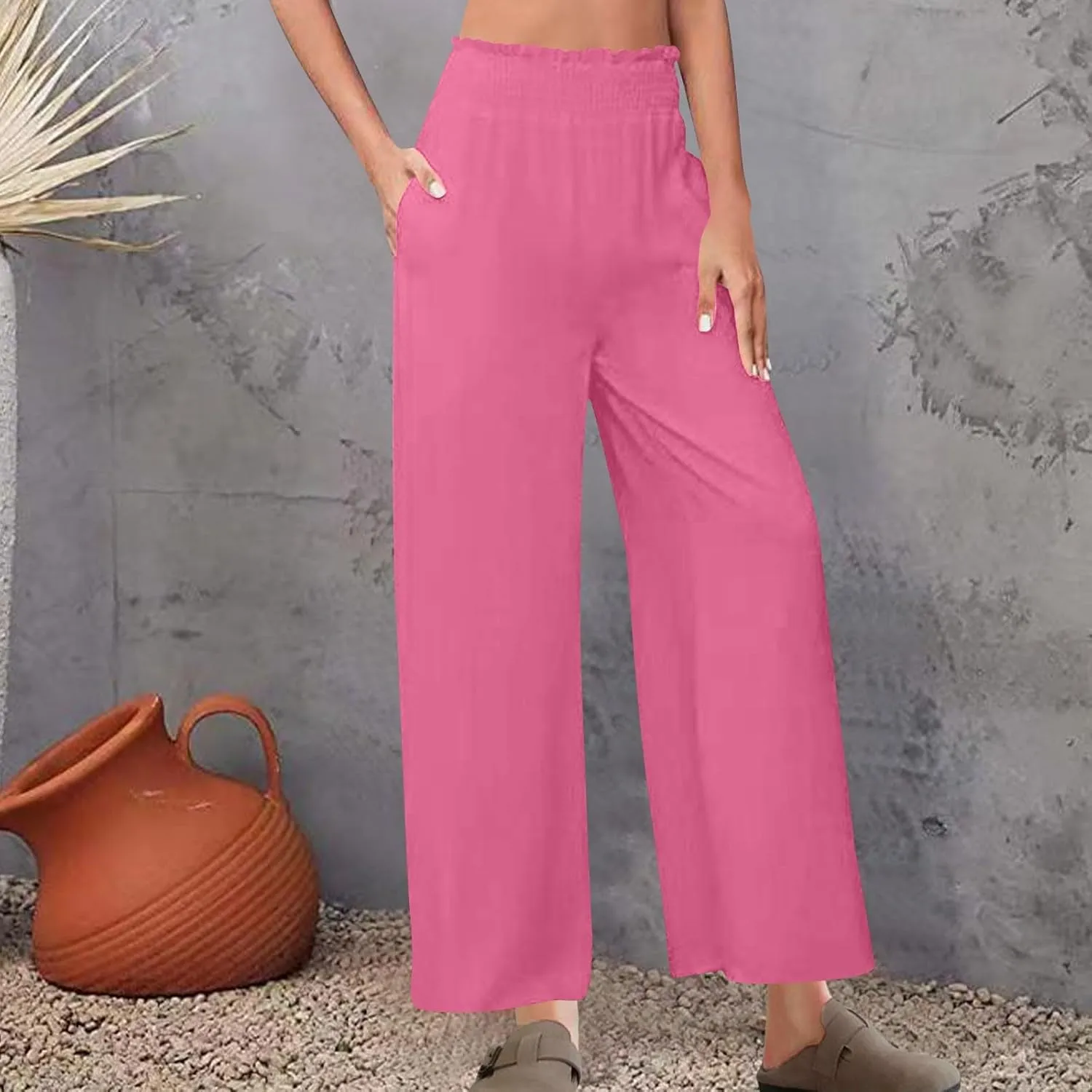 Palazzo Pants for Women Casual Boho Linen Trousers Elastic High Waist Beach Summer Travel Lounge Pants with Pockets