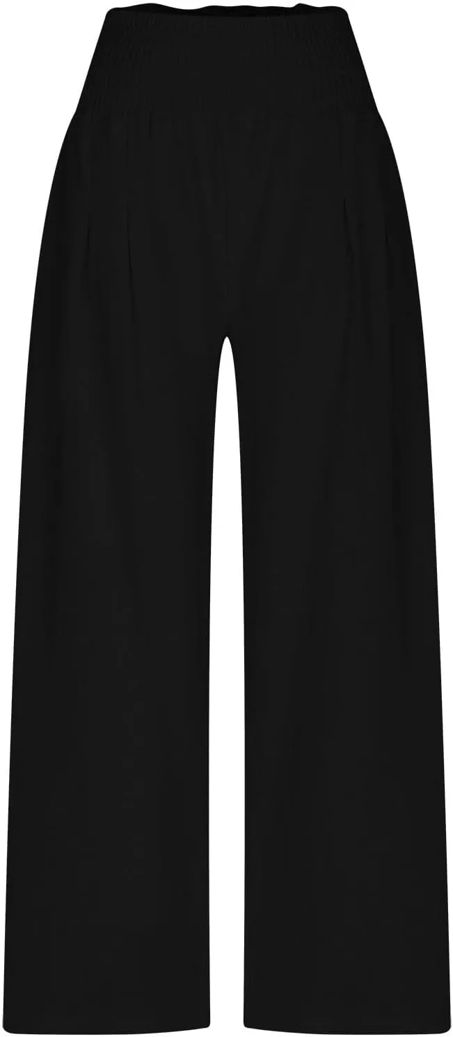 Palazzo Pants for Women Casual Boho Linen Trousers Elastic High Waist Beach Summer Travel Lounge Pants with Pockets