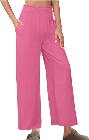 Palazzo Pants for Women Casual Boho Linen Trousers Elastic High Waist Beach Summer Travel Lounge Pants with Pockets