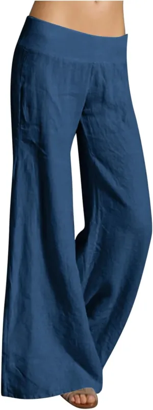 Palazzo Pants for Women Casual Boho Linen Trousers Elastic High Waist Beach Summer Travel Lounge Pants with Pockets
