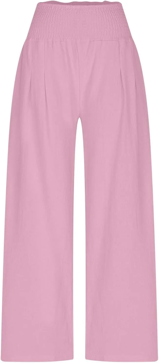 Palazzo Pants for Women Casual Boho Linen Trousers Elastic High Waist Beach Summer Travel Lounge Pants with Pockets
