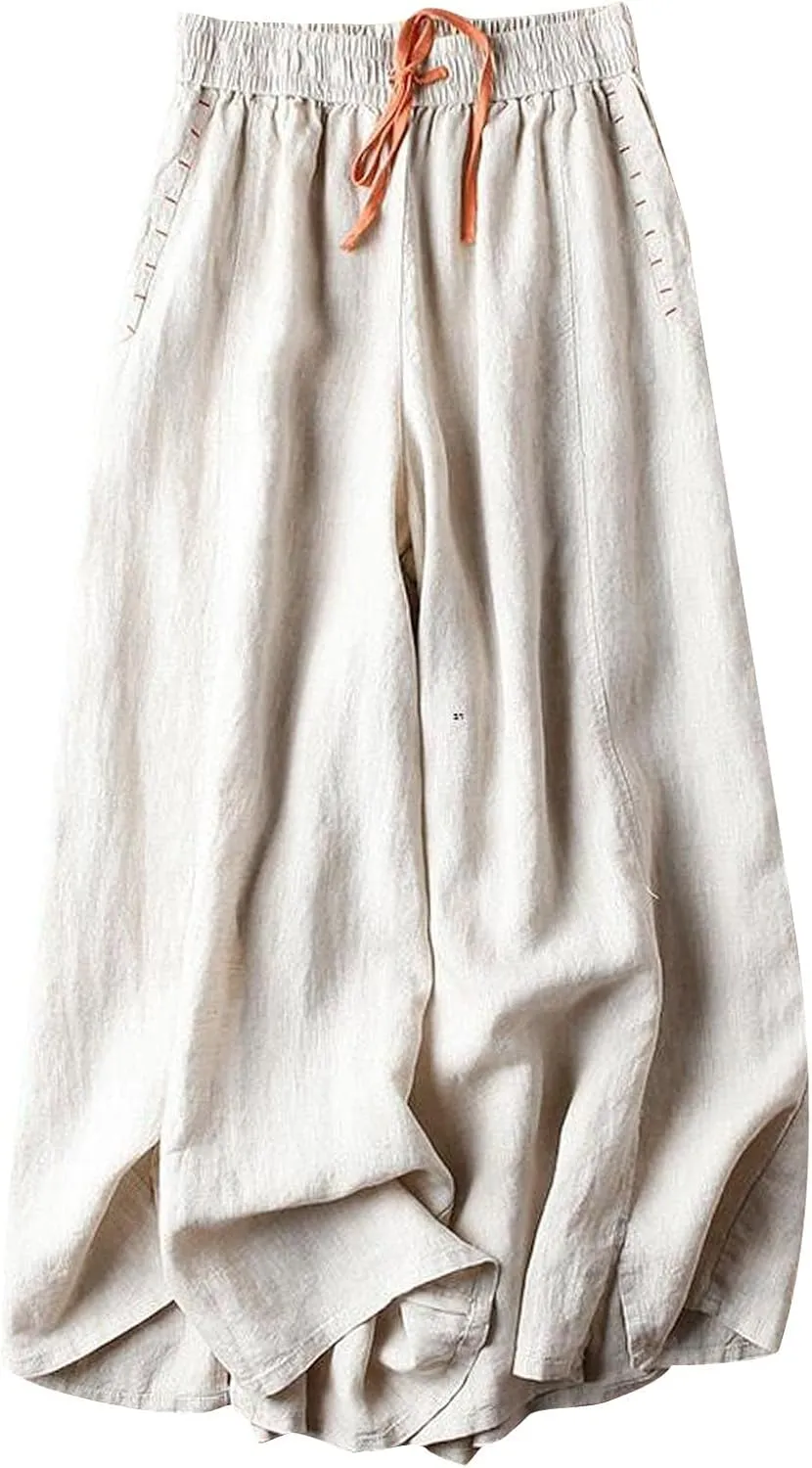Palazzo Pants for Women Casual Elastic Waist Linen Pants High Waisted Summer Lounge Trousers Beach Vacation Outfits