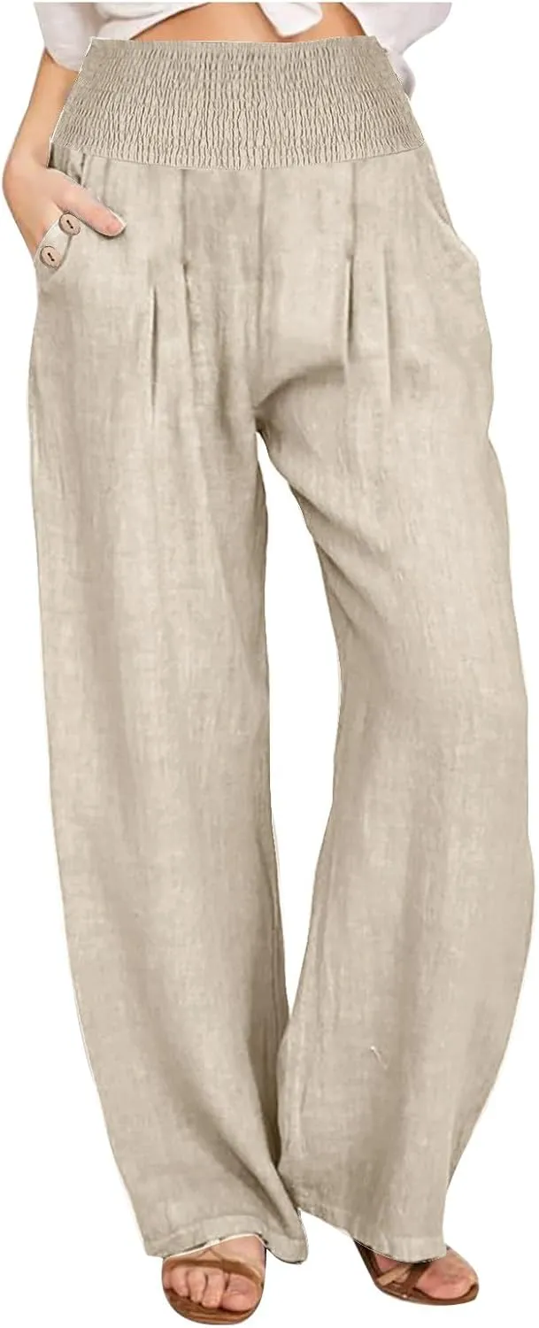 Palazzo Pants for Women Casual Wide Leg Linen Trousers High Waisted Elastic Waist Lightweight Beach Summer Pants