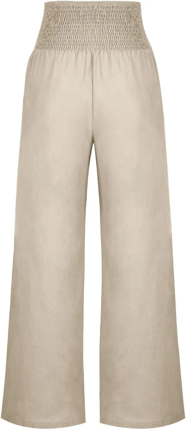 Palazzo Pants for Women Casual Wide Leg Linen Trousers High Waisted Elastic Waist Lightweight Beach Summer Pants