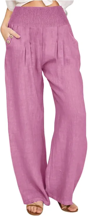Palazzo Pants for Women Casual Wide Leg Linen Trousers High Waisted Elastic Waist Lightweight Beach Summer Pants