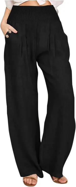 Palazzo Pants for Women Casual Wide Leg Linen Trousers High Waisted Elastic Waist Lightweight Beach Summer Pants