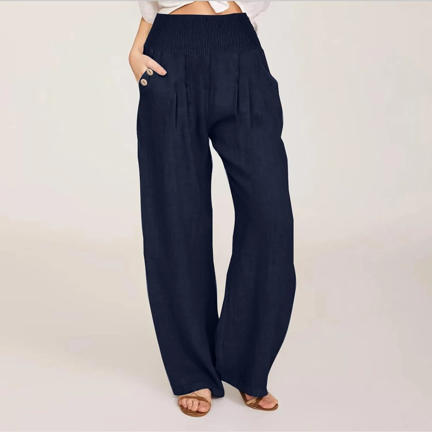 Palazzo Pants for Women Casual Wide Leg Linen Trousers High Waisted Elastic Waist Lightweight Beach Summer Pants