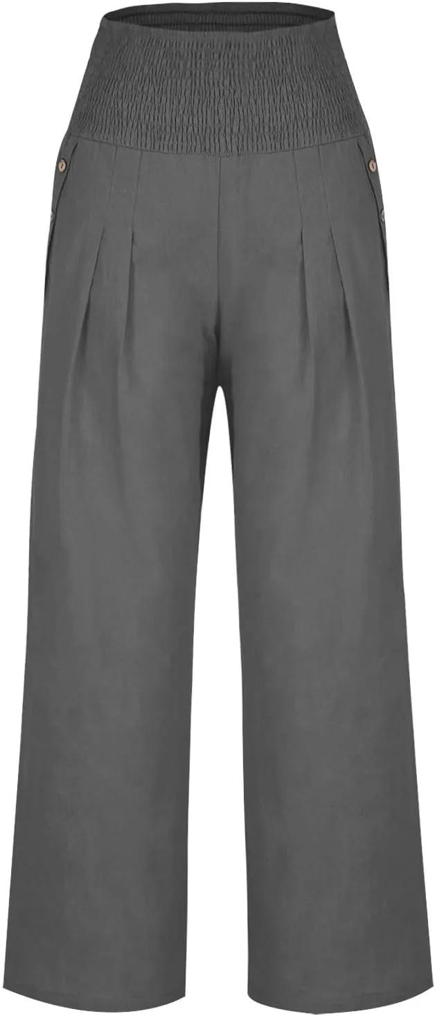 Palazzo Pants for Women Casual Wide Leg Linen Trousers High Waisted Elastic Waist Lightweight Beach Summer Pants