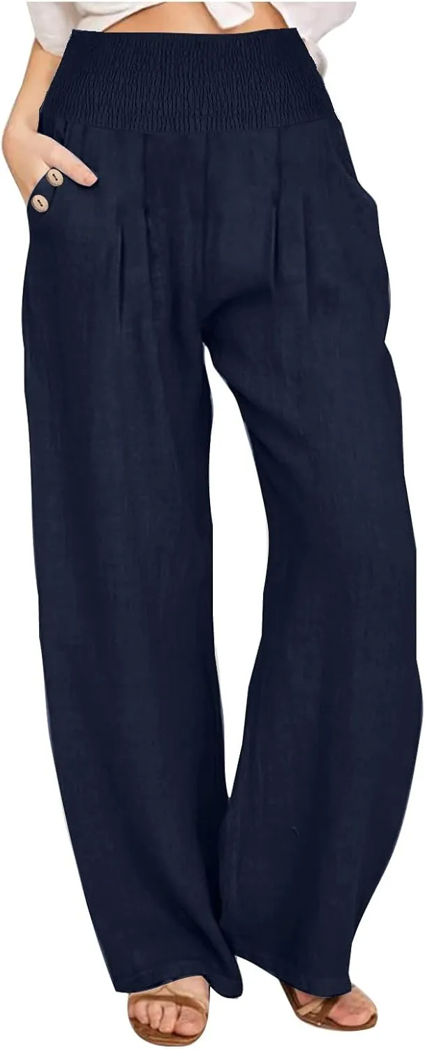 Palazzo Pants for Women Casual Wide Leg Linen Trousers High Waisted Elastic Waist Lightweight Beach Summer Pants