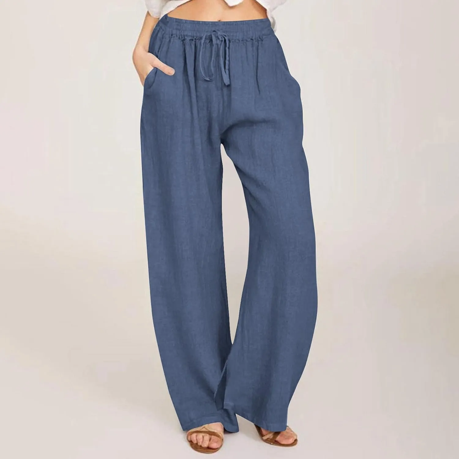 Palazzo Pants for Women Casual Wide Leg Linen Trousers High Waisted Elastic Waist Lightweight Beach Summer Pants