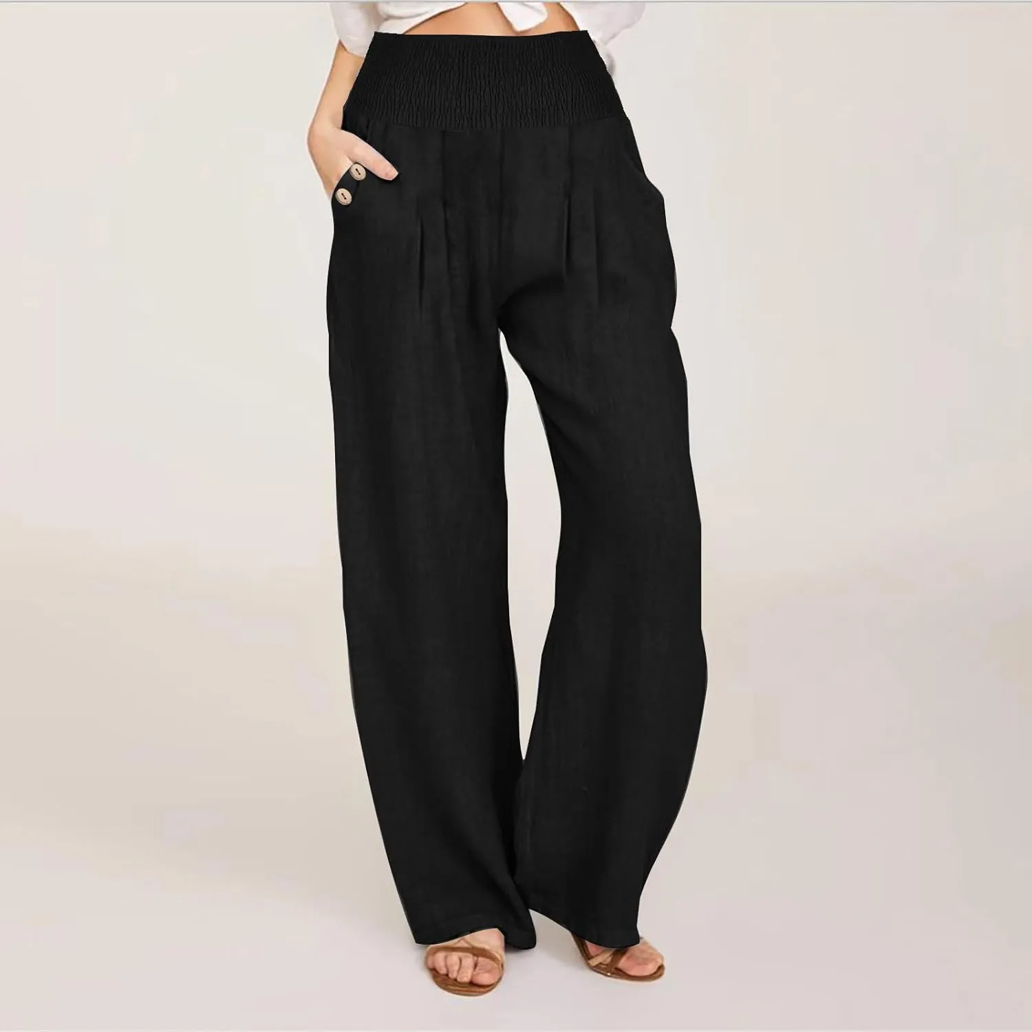 Palazzo Pants for Women Casual Wide Leg Linen Trousers High Waisted Elastic Waist Lightweight Beach Summer Pants
