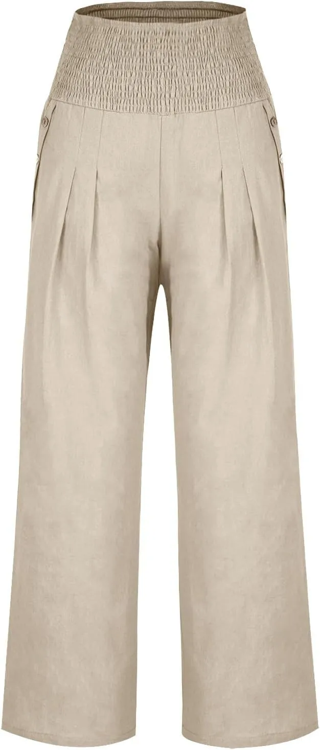 Palazzo Pants for Women Casual Wide Leg Linen Trousers High Waisted Elastic Waist Lightweight Beach Summer Pants