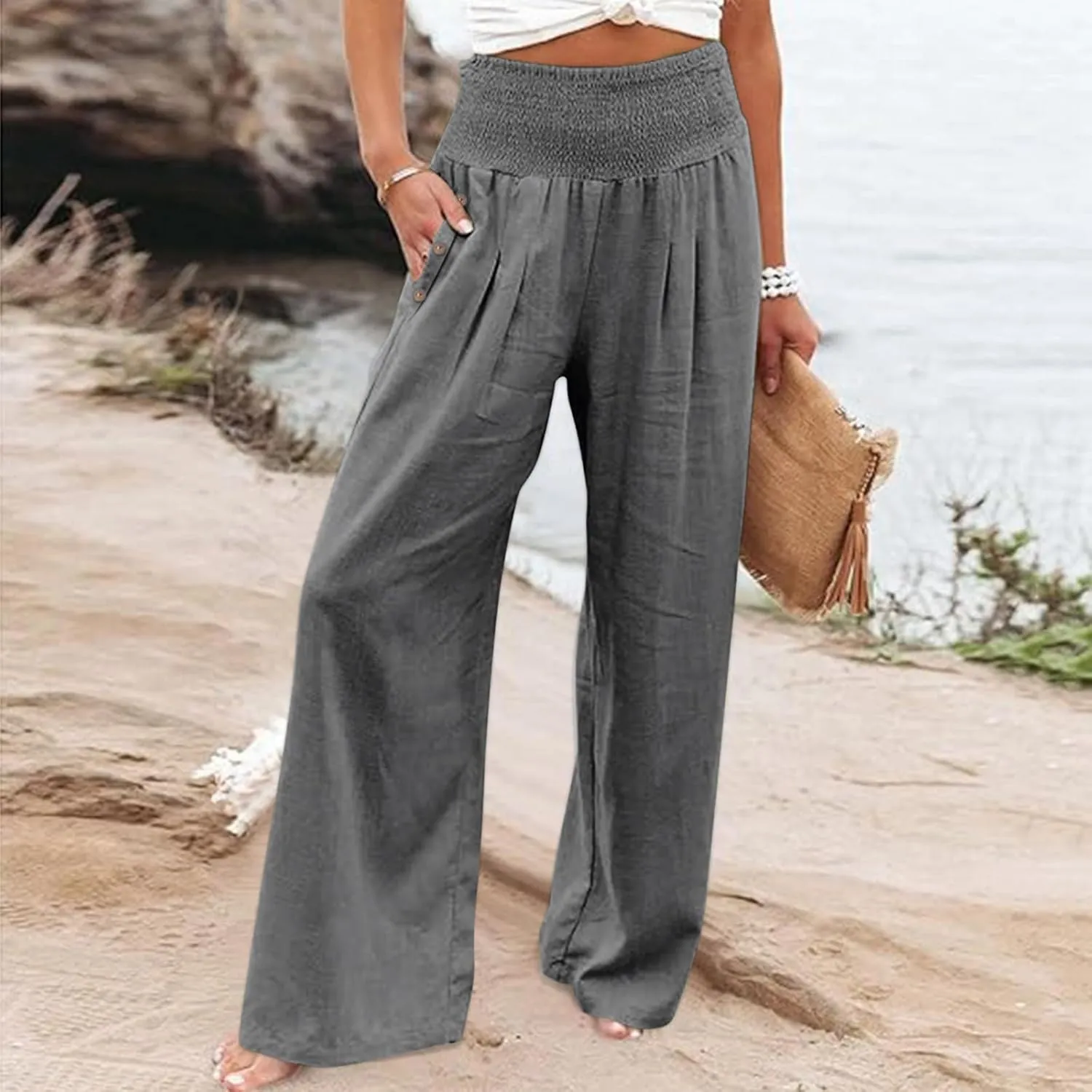 Palazzo Pants for Women Casual Wide Leg Linen Trousers High Waisted Elastic Waist Lightweight Beach Summer Pants