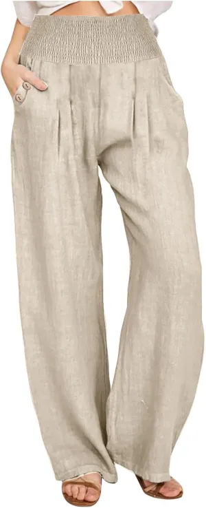 Palazzo Pants for Women Casual Wide Leg Linen Trousers High Waisted Elastic Waist Lightweight Beach Summer Pants