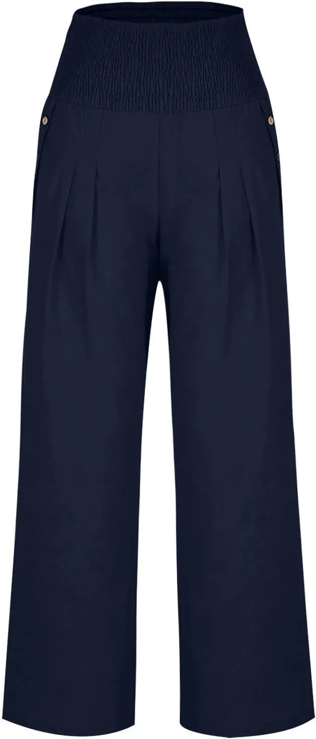 Palazzo Pants for Women Casual Wide Leg Linen Trousers High Waisted Elastic Waist Lightweight Beach Summer Pants
