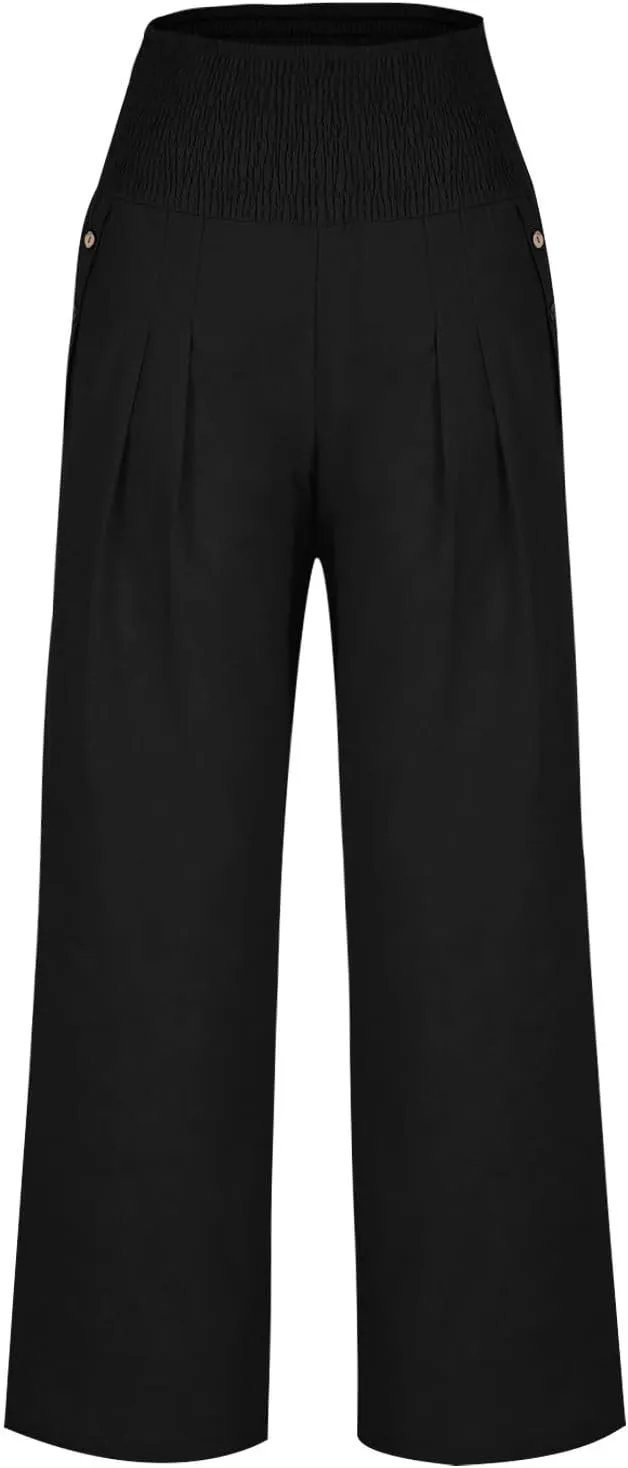 Palazzo Pants for Women Casual Wide Leg Linen Trousers High Waisted Elastic Waist Lightweight Beach Summer Pants