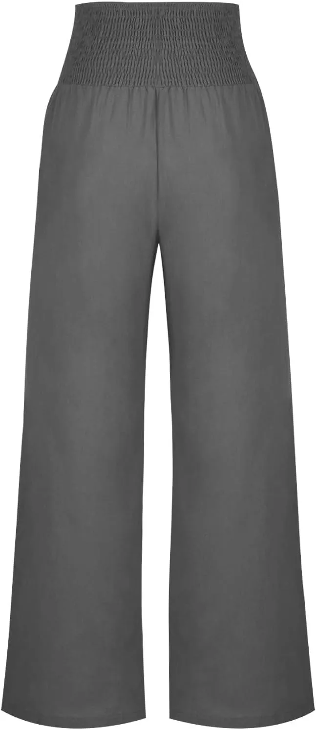 Palazzo Pants for Women Casual Wide Leg Linen Trousers High Waisted Elastic Waist Lightweight Beach Summer Pants