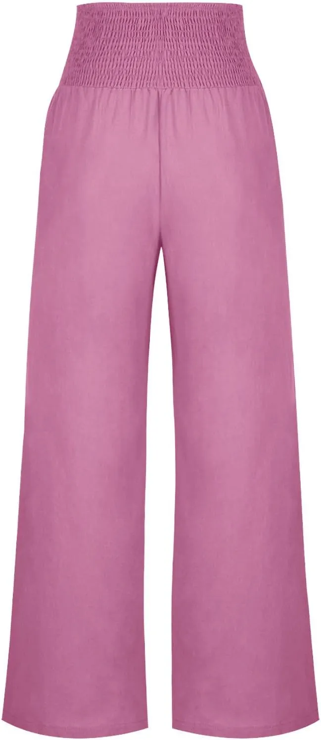 Palazzo Pants for Women Casual Wide Leg Linen Trousers High Waisted Elastic Waist Lightweight Beach Summer Pants
