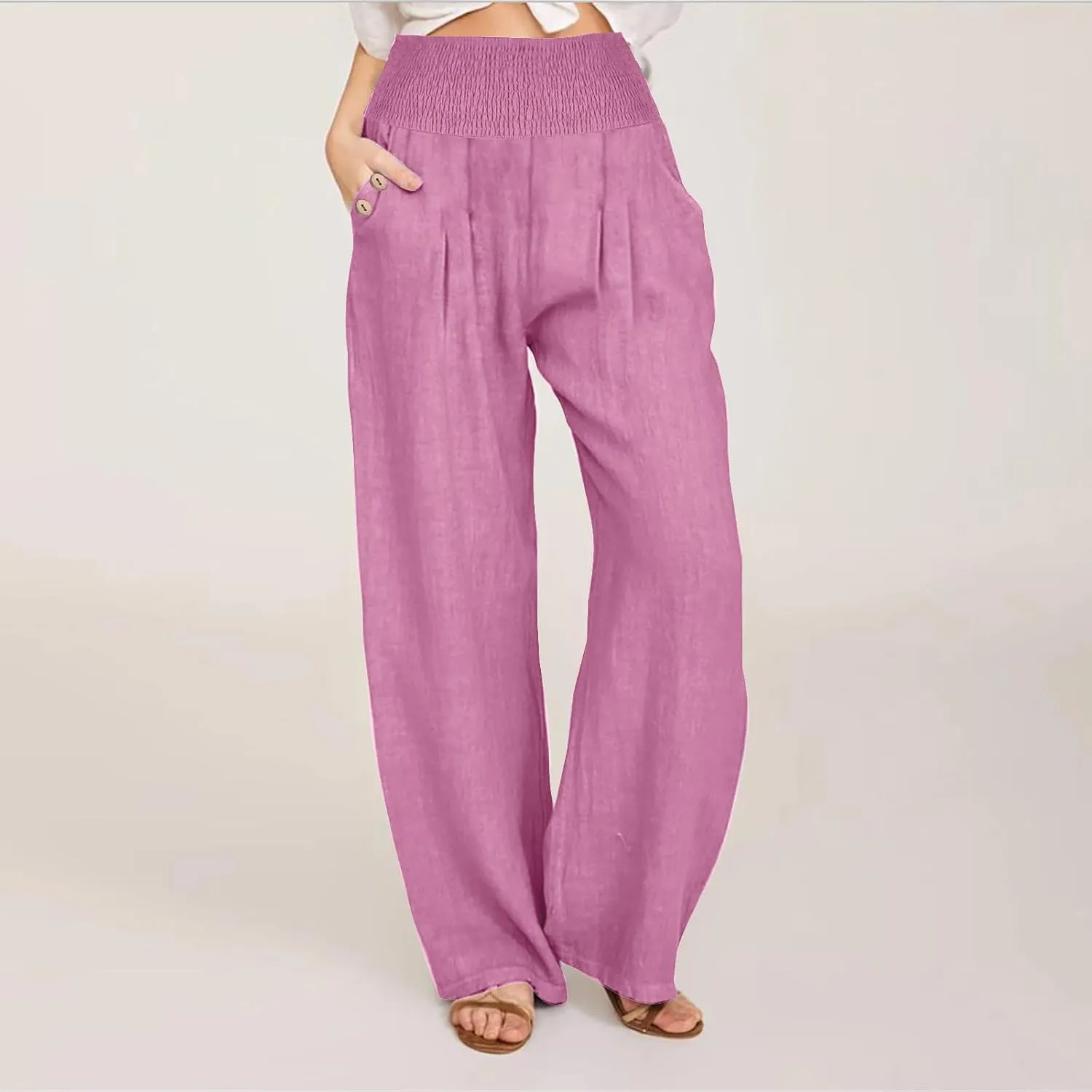 Palazzo Pants for Women Casual Wide Leg Linen Trousers High Waisted Elastic Waist Lightweight Beach Summer Pants