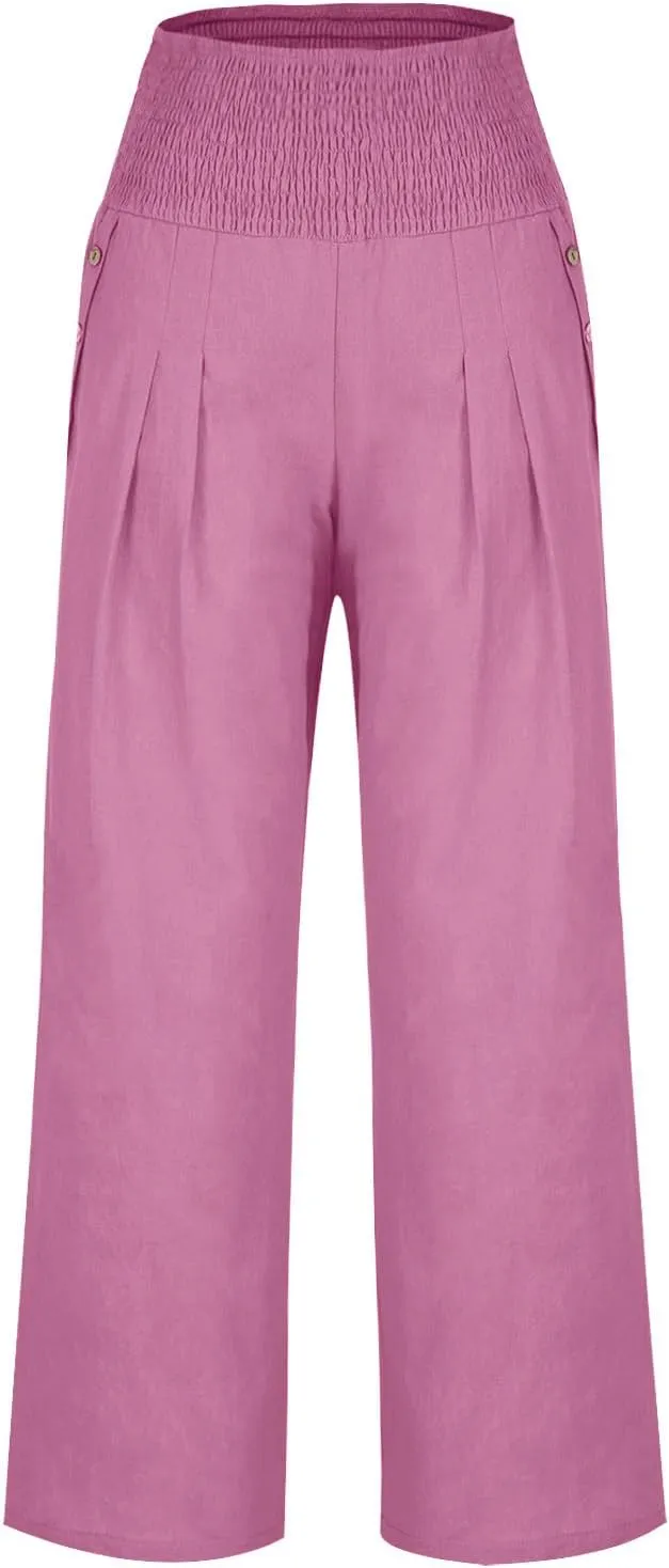 Palazzo Pants for Women Casual Wide Leg Linen Trousers High Waisted Elastic Waist Lightweight Beach Summer Pants