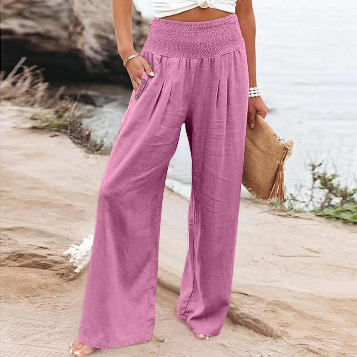 Palazzo Pants for Women Casual Wide Leg Linen Trousers High Waisted Elastic Waist Lightweight Beach Summer Pants