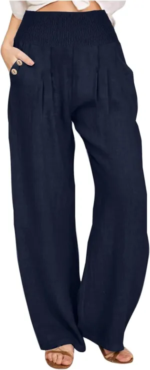 Palazzo Pants for Women Casual Wide Leg Linen Trousers High Waisted Elastic Waist Lightweight Beach Summer Pants