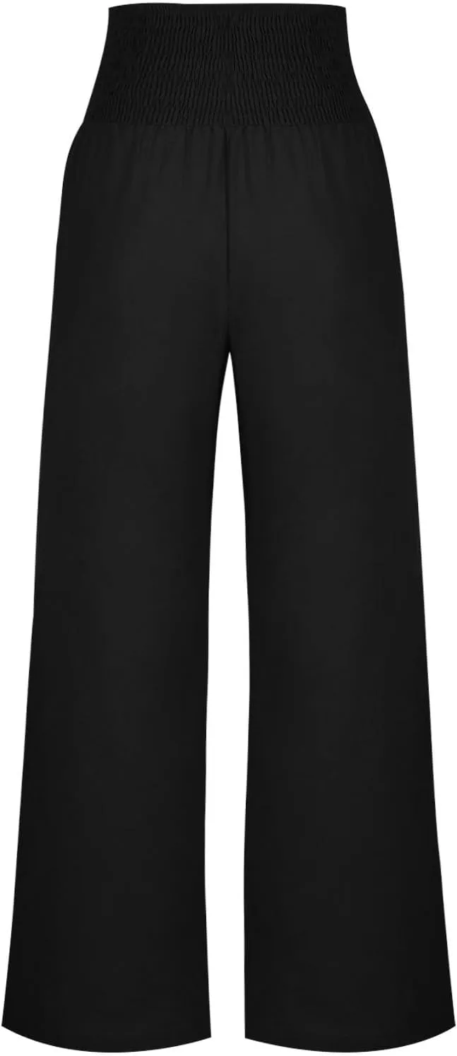 Palazzo Pants for Women Casual Wide Leg Linen Trousers High Waisted Elastic Waist Lightweight Beach Summer Pants