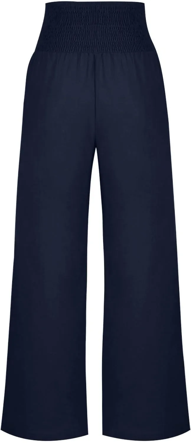 Palazzo Pants for Women Casual Wide Leg Linen Trousers High Waisted Elastic Waist Lightweight Beach Summer Pants