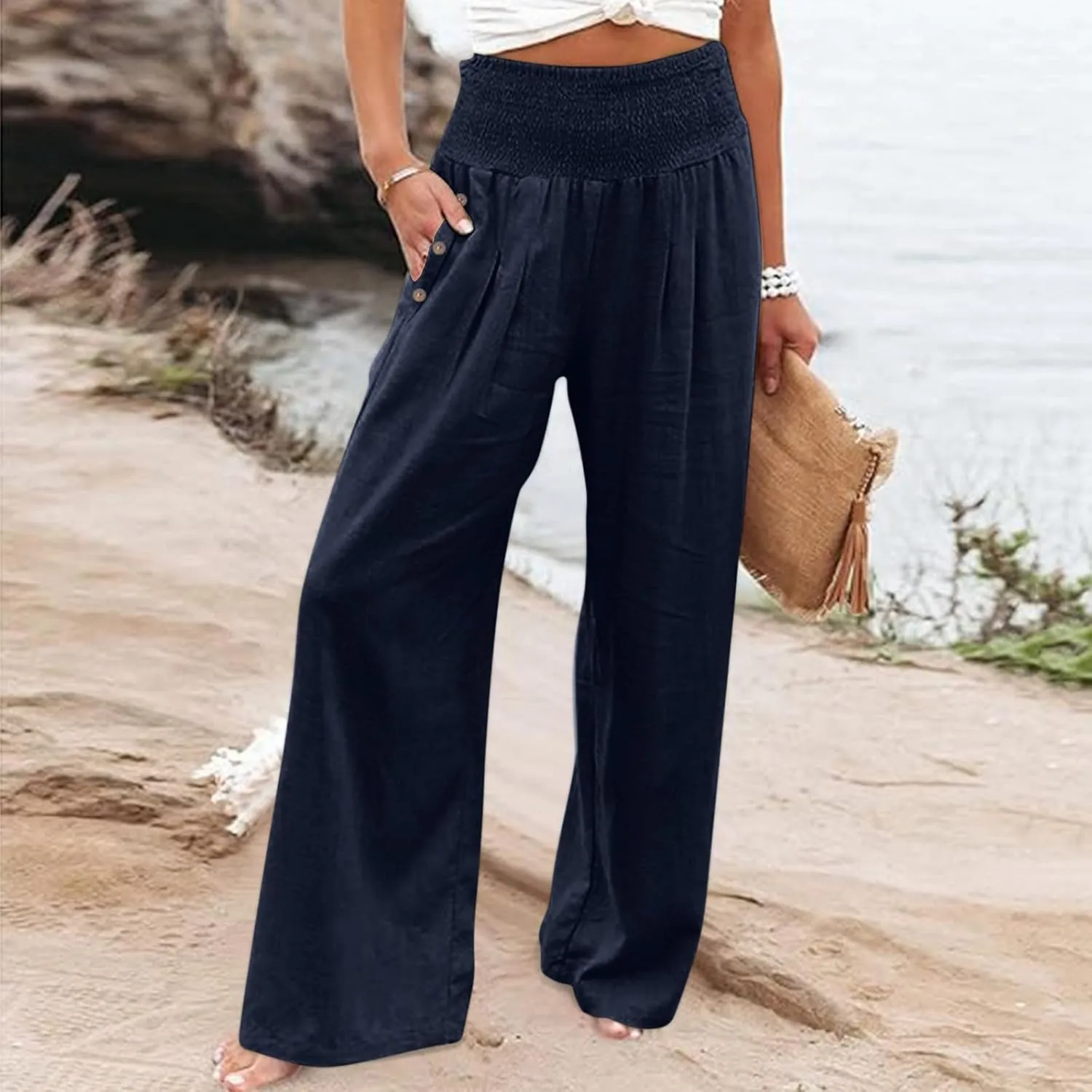 Palazzo Pants for Women Casual Wide Leg Linen Trousers High Waisted Elastic Waist Lightweight Beach Summer Pants