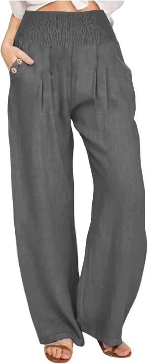Palazzo Pants for Women Casual Wide Leg Linen Trousers High Waisted Elastic Waist Lightweight Beach Summer Pants