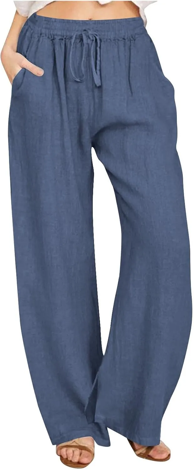 Palazzo Pants for Women Casual Wide Leg Linen Trousers High Waisted Elastic Waist Lightweight Beach Summer Pants