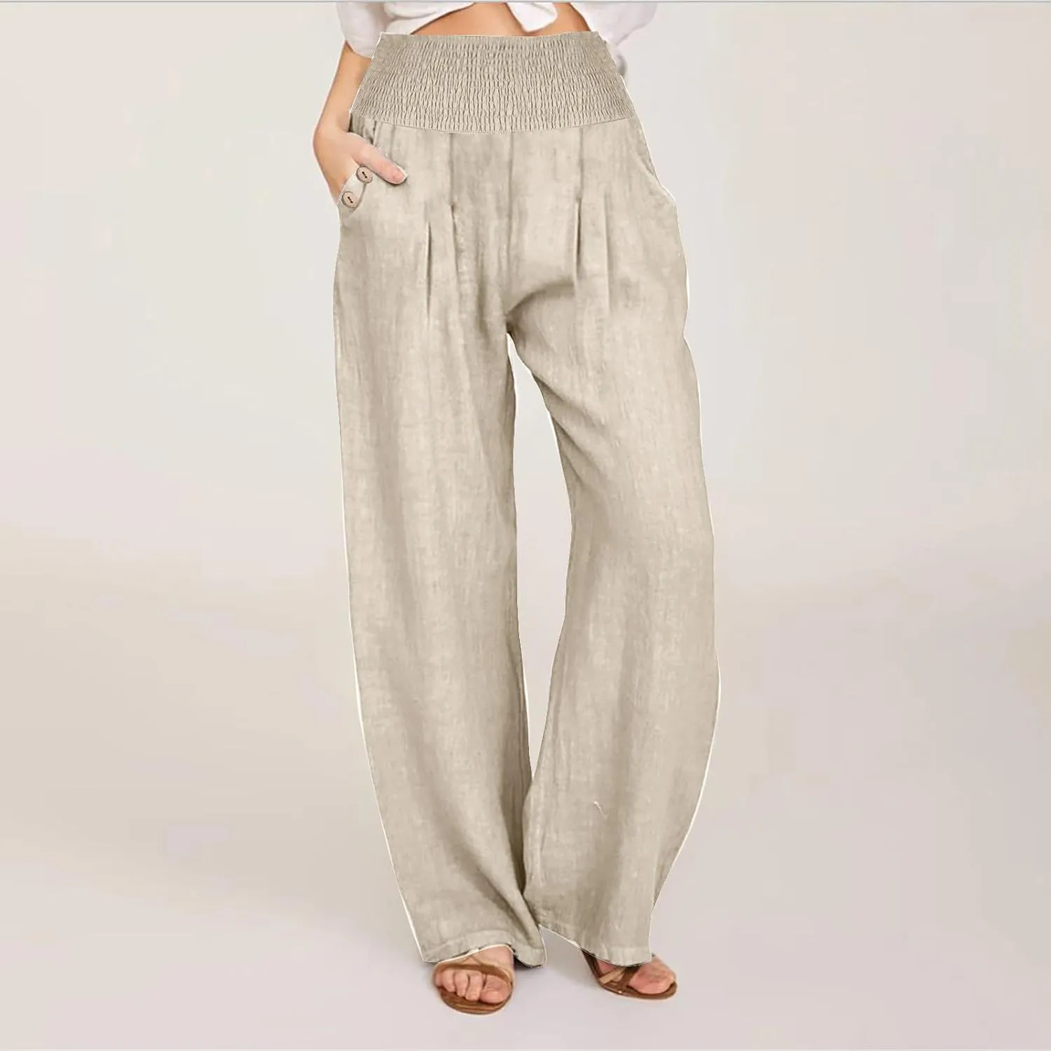 Palazzo Pants for Women Casual Wide Leg Linen Trousers High Waisted Elastic Waist Lightweight Beach Summer Pants