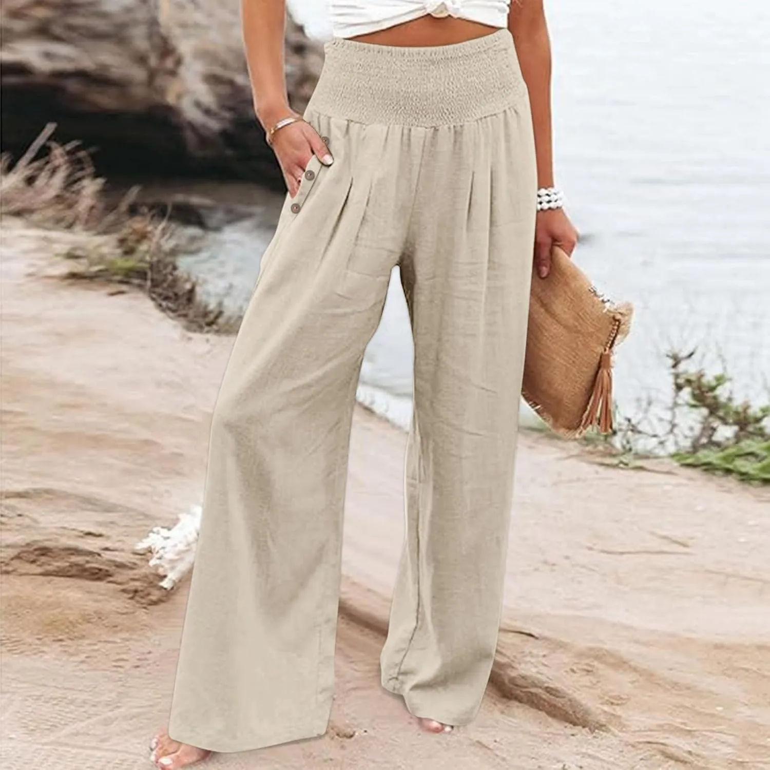 Palazzo Pants for Women Casual Wide Leg Linen Trousers High Waisted Elastic Waist Lightweight Beach Summer Pants