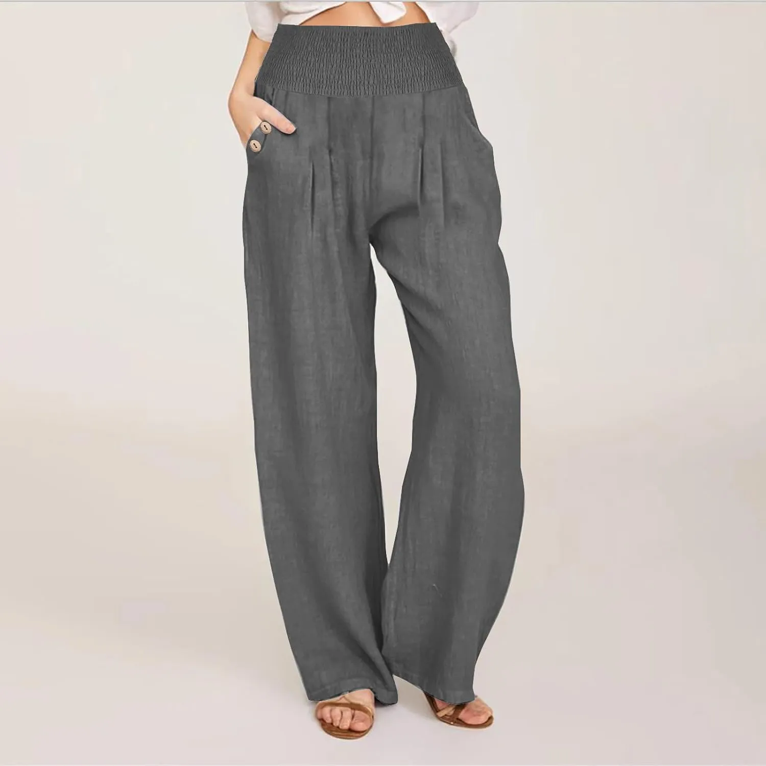 Palazzo Pants for Women Casual Wide Leg Linen Trousers High Waisted Elastic Waist Lightweight Beach Summer Pants