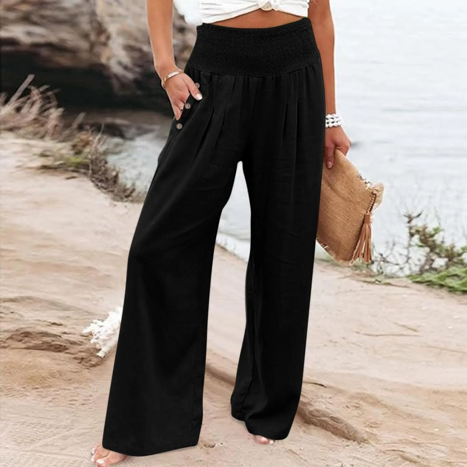 Palazzo Pants for Women Casual Wide Leg Linen Trousers High Waisted Elastic Waist Lightweight Beach Summer Pants