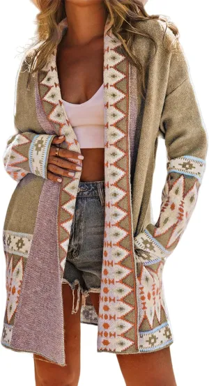 Perbai Womens Boho Aztec Cardigan Sweater Shawl Collar Open Front Tribal Long Sweater Coat with Pockets