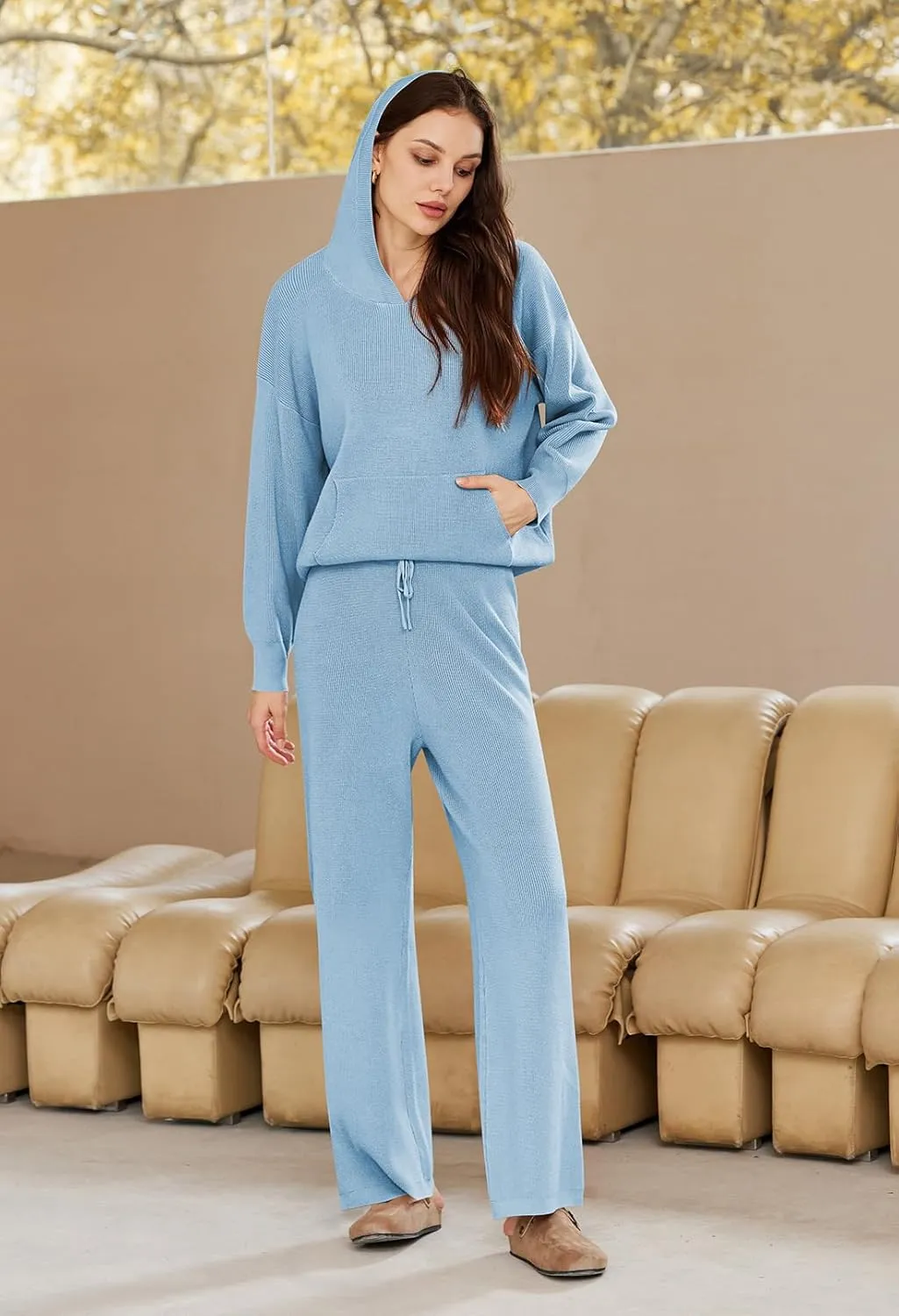 Pink Queen Sweater Set for Women Pullover Hoodie Matching Wide Leg Pants Loose Knitted Sweatsuit with Pocket