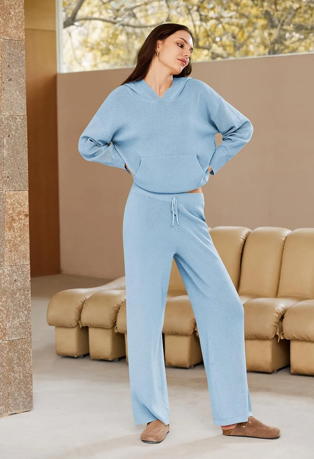 Pink Queen Sweater Set for Women Pullover Hoodie Matching Wide Leg Pants Loose Knitted Sweatsuit with Pocket