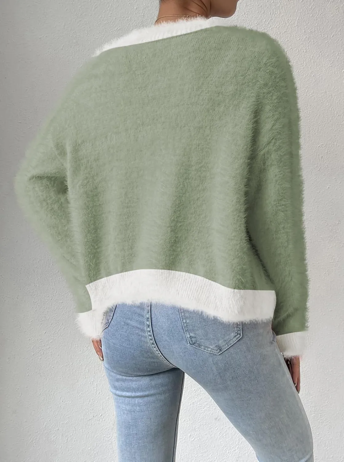Pink Queen Women's Furry Cropped Cardigan Color Block Batwing Sleeves Open Front V-Neck Button Down Knit Sweater Coat