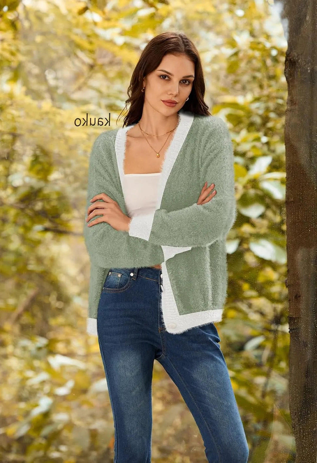 Pink Queen Women's Furry Cropped Cardigan Color Block Batwing Sleeves Open Front V-Neck Button Down Knit Sweater Coat