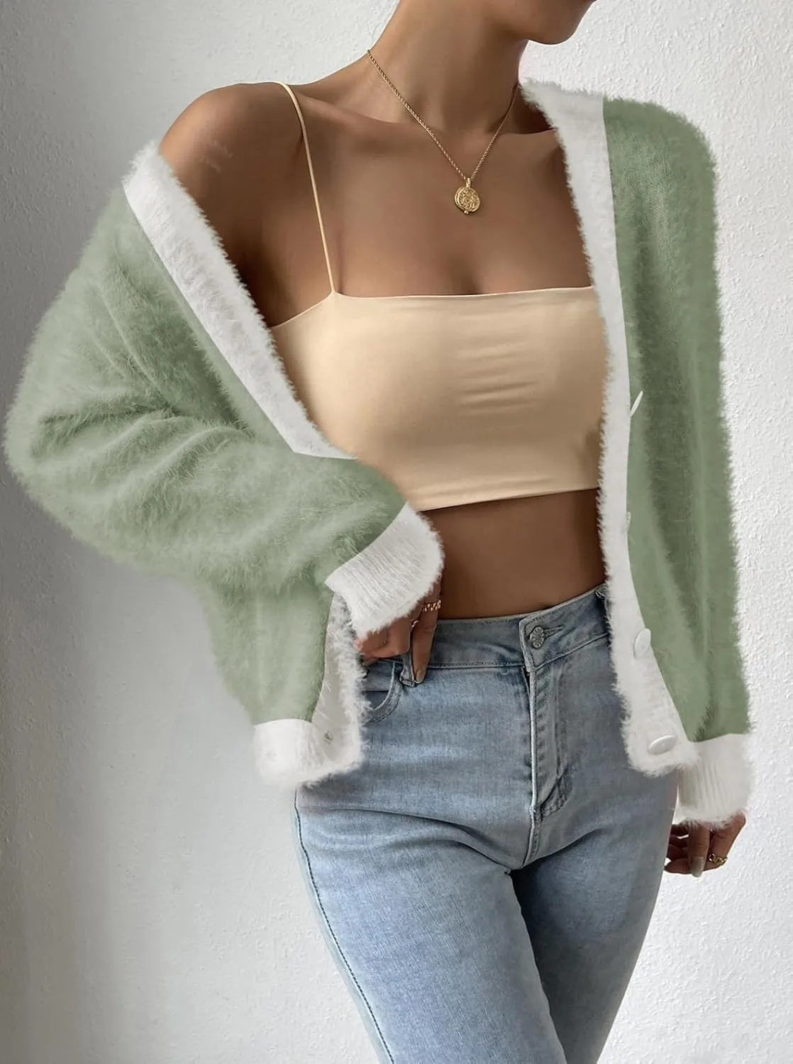 Pink Queen Women's Furry Cropped Cardigan Color Block Batwing Sleeves Open Front V-Neck Button Down Knit Sweater Coat
