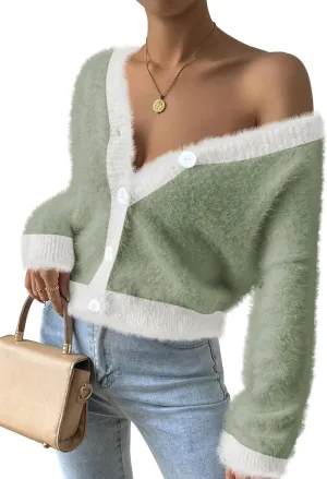 Pink Queen Women's Furry Cropped Cardigan Color Block Batwing Sleeves Open Front V-Neck Button Down Knit Sweater Coat