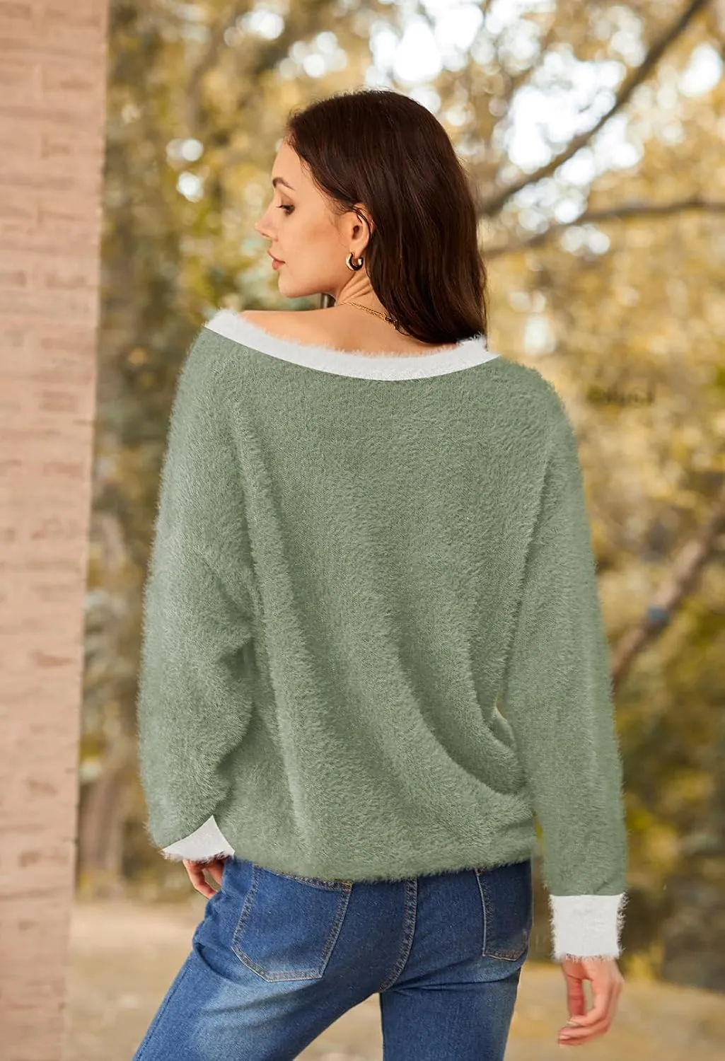 Pink Queen Women's Furry Cropped Cardigan Color Block Batwing Sleeves Open Front V-Neck Button Down Knit Sweater Coat