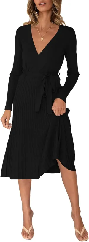 Pink Queen Women's Wrap Sweater Dress V Neck Long Sleeve Ribbed Swing Knit Midi Dresses with Belt