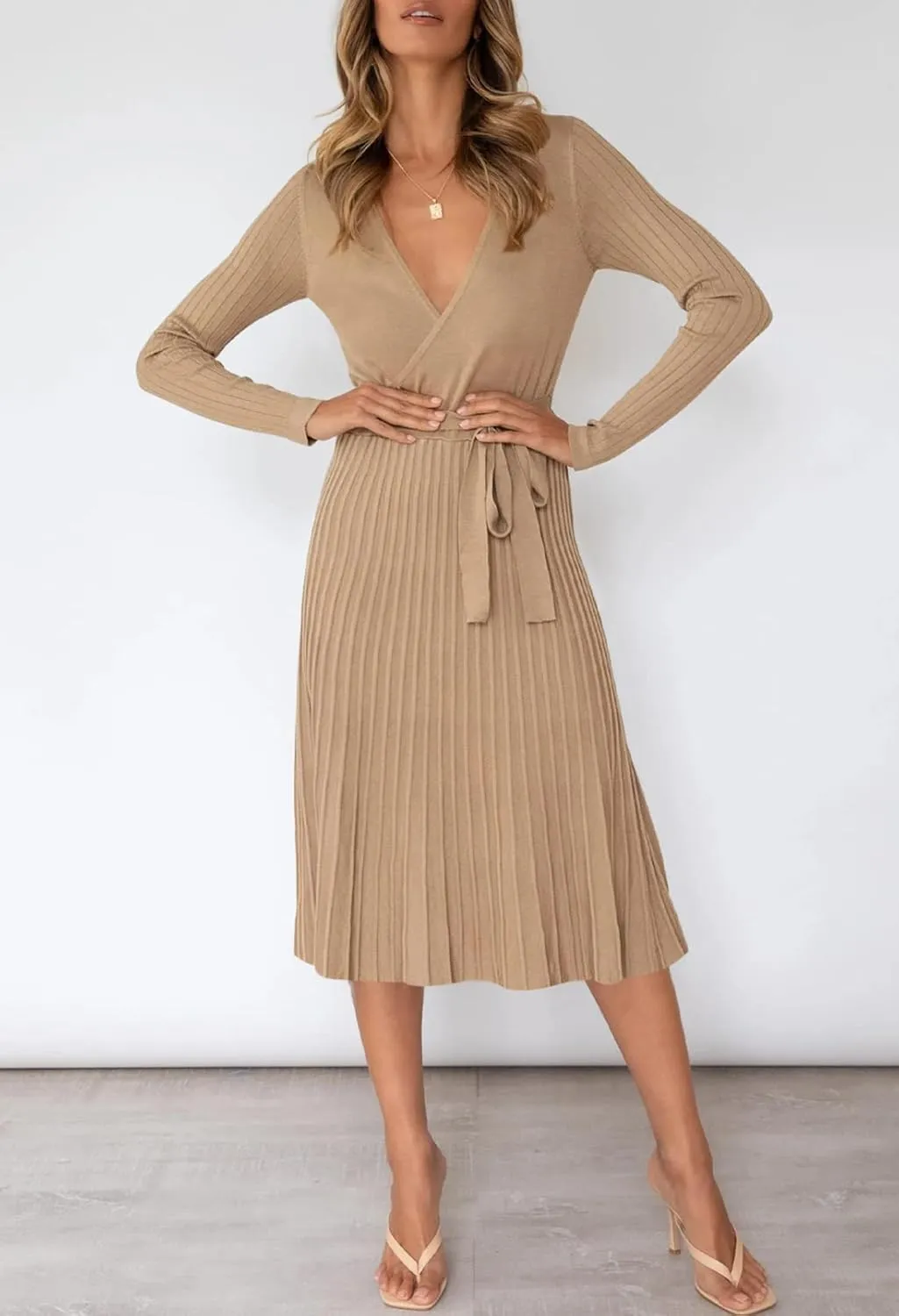 Pink Queen Women's Wrap Sweater Dress V Neck Long Sleeve Ribbed Swing Knit Midi Dresses with Belt